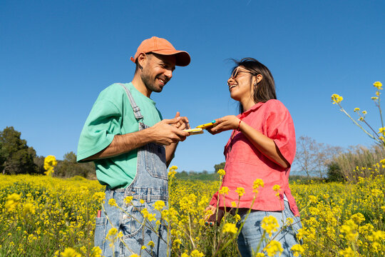 Couple connecting phones yellow flowers field