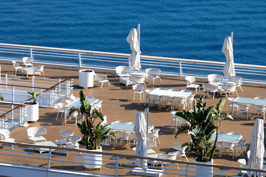Restaurant on a ship deck and blue sea