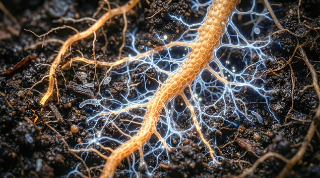 Intricate mycorrhizal network wrapping around plant roots in deep soil layer