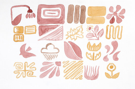 Watercolor Design of Shapes and Patterns on White Background