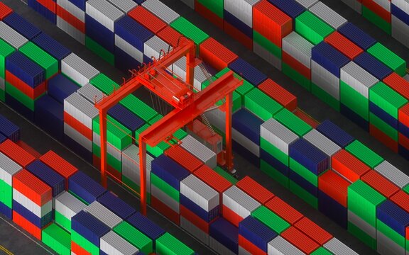 Container Yard with Gantry Crane, Global Shipping Logistics Concept.
