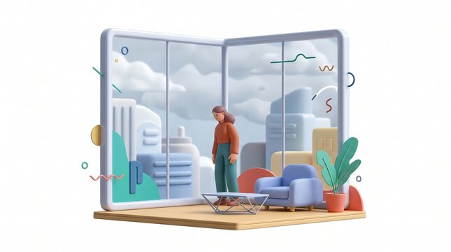 3D flat vector illustration of a troubled woman standing by a window looking outside longingly while feeling trapped inside