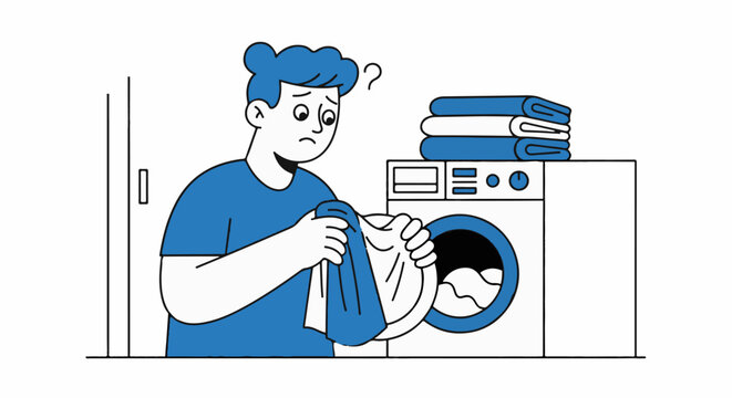 Confused young man holding stained laundry item near washer.