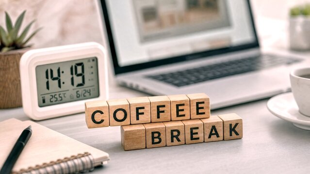 Coffee break message on wooden blocks, office desk workspace with laptop and digital clock, professional remote work environment