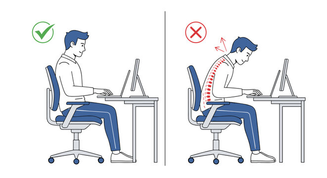 Informative illustration showing the comparison between healthy straight posture and harmful slouching while working at a desk.