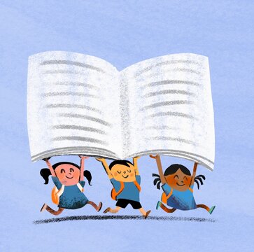 Running School Children Holding Open Notebook &ndash; Education Concept