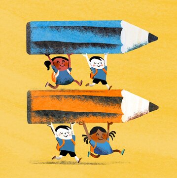 School Children Carrying Giant Pencils &ndash; Education Concept