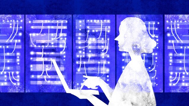 Woman Managing Servers with Laptop &ndash; Neon Data Center Concept