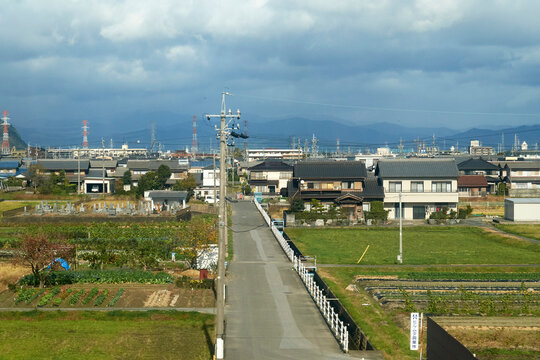 Rural Landscape With Fields and Homes in Japan