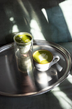 Matcha Latte and Iced Matcha on Silver Tray