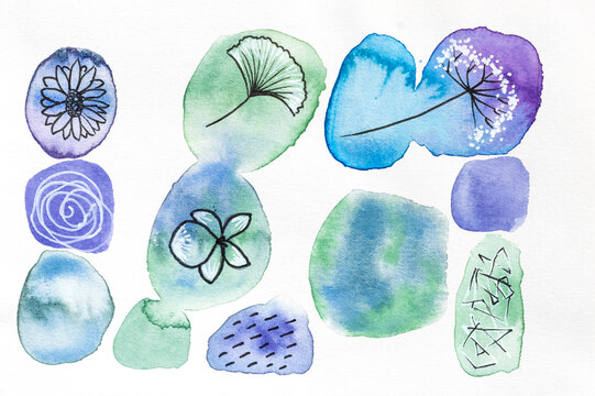 Colorful Watercolor Shapes With Flowers and Patterns on Paper