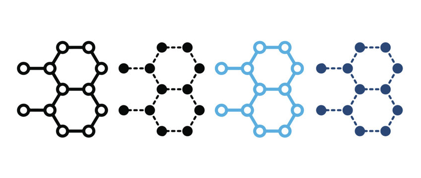 Hexagonal Network Structure Icon Set. Connected geometric nodes representing blockchain technology, molecular structure, and digital networking concept. Vector illustration. white background