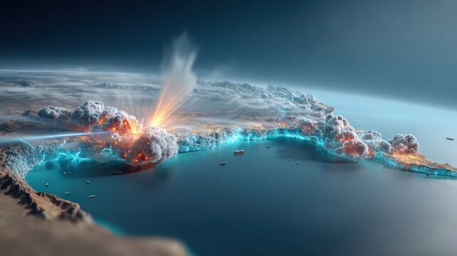 A dramatic aerial view showcases a catastrophic meteor impact on Earth, with fiery explosions, glowing debris. ..Created with Generative AI, not depicting real subjects.