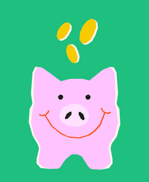 Piggy bank with falling coins saving money concept illustration