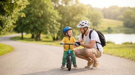 Obraz premium Father teaching young son to ride balance bike on sunny park path with lake