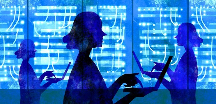 Women Managing Servers with Laptop &ndash; Neon Data Center Concept