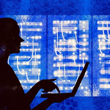 Woman Managing Servers with Laptop &ndash; Neon Data Center Concept