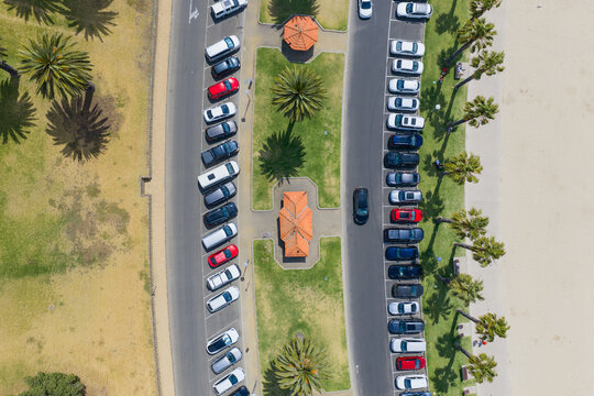 Rows of cars parked beside the road through a waterfront reserve