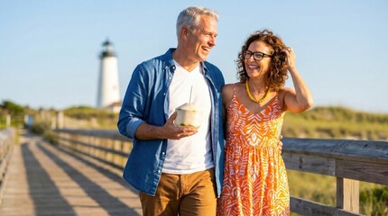 Naklejka premium Joyful mature couple walks arm in arm on a sun drenched boardwalk near a lighthouse sharing a refreshing coconut drink embodying a vibrant carefree coastal lifestyle