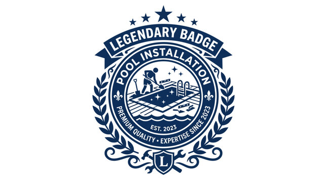 Retro emblem for pool installation service, featuring a worker with tools and a swimming pool.