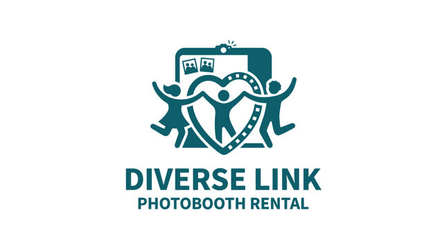 Vector logo for photobooth rental featuring diverse people connected by a heart and film strip.