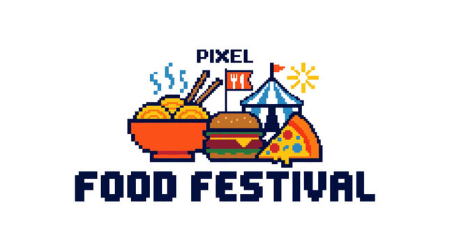 Pixel art food festival graphic element with ramen, burger, pizza, and tent