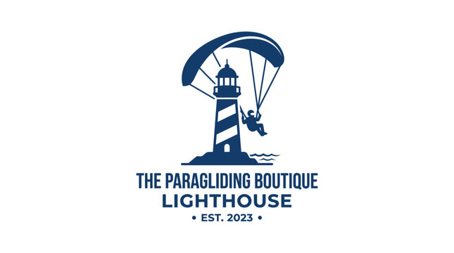 Paragliding lighthouse logo with person silhouette and text