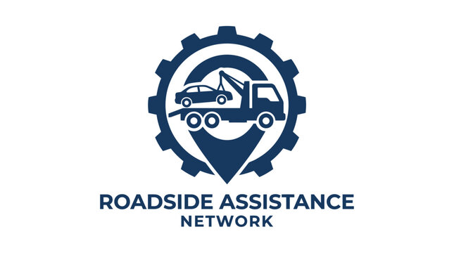 Roadside assistance network logo with tow truck and car inside gear graphic element