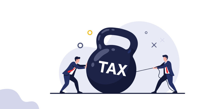 Two businessmen pulling and pushing a giant heavy kettlebell with the word tax written on it to symbolize financial burden.
