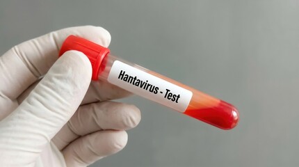 Naklejka premium Close up of a gloved hand holding a test tube labeled 'hantavirus test' filled with red liquid against a neutral gray background emphasizing medical testing and laboratory