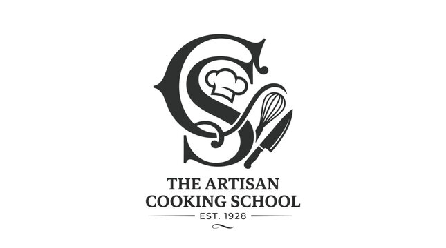 Elegant monogram logo for culinary school with chef hat, whisk, and knife