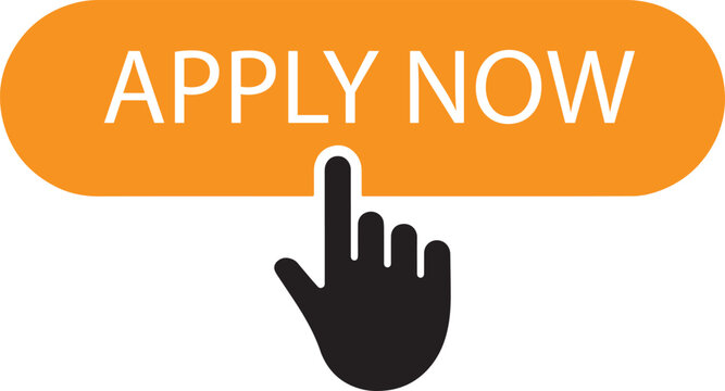 Apply now button with hand cursor on white background, orange call-to-action text, and black hand icon, signifying
