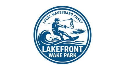 Lakefront wake park graphic element with wakeboarder on wave and boat. © ANDREAS99