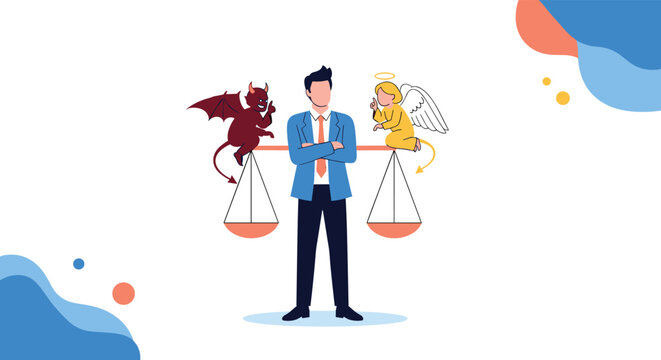 Businessman standing between a small angel and a devil sitting on a balance scale to represent moral choice and conscience.