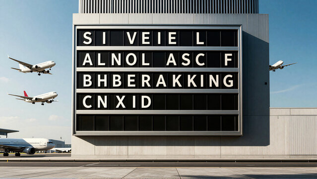 Busy Airport Departure Board with Jumbled Text and Aircraft