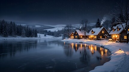 Obraz premium Illuminated cozy cabins by a frozen lake in a winter night landscape