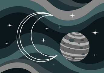 Abstract Celestial Illustration with Crescent Moon, Planet, and Stars on Wavy Background - Modern Flat Space Vector Art © Suci