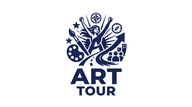 Vector logo for "Art Tour" featuring a triumphant woman, compass, and cityscape