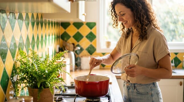 Happy woman cooking on stove in bright kitchen with colorful tile backsplash natural light cheerful atmosphere casual style and fresh greenery on countertop