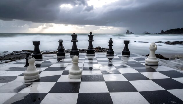 Chess pieces on a checkered board by a stormy ocean with long exposure