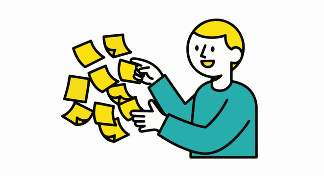 Happy person organizing multiple colorful sticky notes effectively.