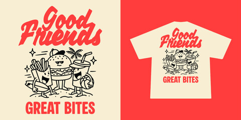 Obraz premium Vintage Retro Beach T-shirt Design with Cute Fast Food Mascot Characters