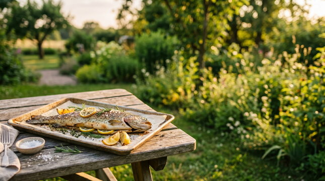 Grilled fish, whole trout with lemon and herbs on baking sheet, rustic table in sunny garden, summer outdoor dining.