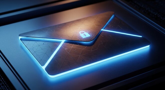 Glowing digital envelope with secure lock icon on dark futuristic surface, for encrypted email communication, data privacy, cybersecurity protection secure information transfer