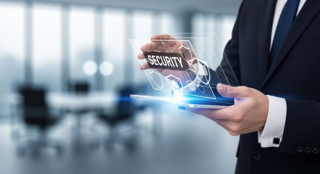 Businessman interacting with digital security interface on tablet, for data protection, cyber safety, corporate privacy, implementation advanced network defense systems