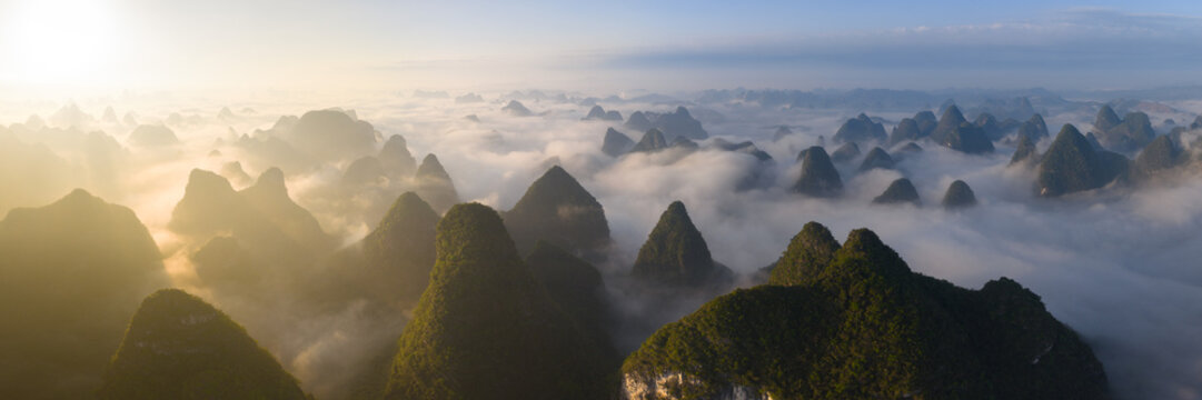 Yangshuo Karst Mountains Cloud inversion Golden Hour China
