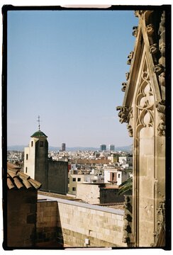Film Photo &ndash; Gothic Cathedral Spire and Barcelona Cityscape, Spain