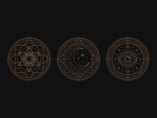 Set of Sacred Geometry Celestial Symbols in Rose Gold: Mystical Moon, All-Seeing Eye, and Metatron's Cube Alchemical Occult Illustrations © Suci