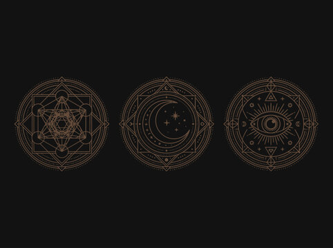 Set of Sacred Geometry Celestial Symbols in Rose Gold: Mystical Moon, All-Seeing Eye, and Metatron's Cube Alchemical Occult Illustrations