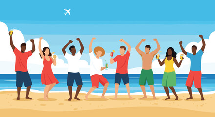 Obraz premium Diverse group of friends dancing and celebrating on a tropical beach while enjoying colorful cocktails under a clear blue sky.